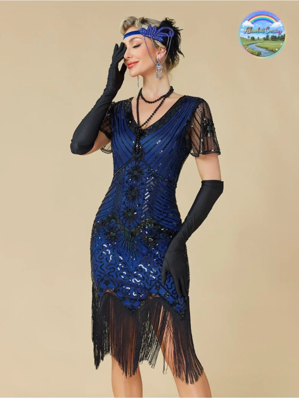 1920s Flapper Dress Sequin Beaded Mesh Sleeve V-Neck Gatsby Costume Set